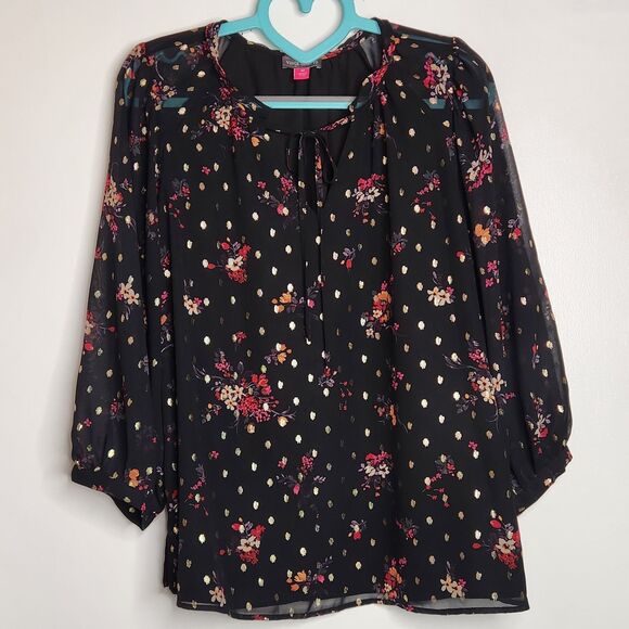 Vince Camuto Floral Blouse Womens Medium Black Chiffon Lined Tie Front Metallic - Picture 1 of 7
